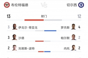 切尔西vs小蜜蜂全场数据：射门12-13、射正2-6、得分机会1-4